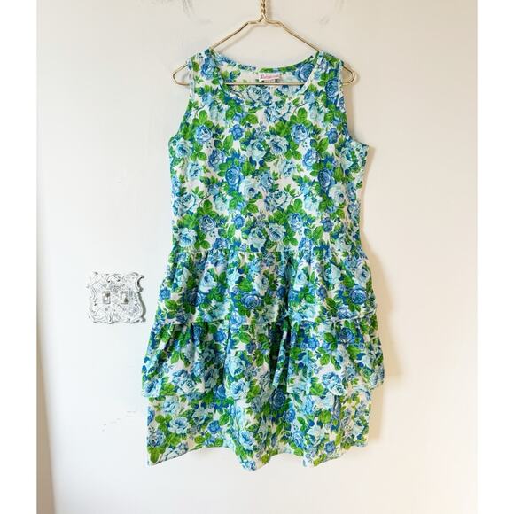 Loungecrest Vintage Blue Floral Rose Drop Waist Tiered Ruffle Cotton Dress L - Picture 1 of 8